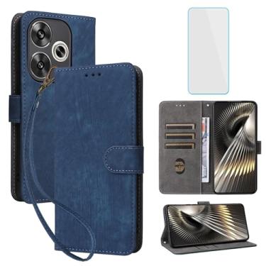 Imagem de IUQXU Capa carteira para celular Xiaomi Poco F6 5G com protetor de tela [bloqueio RFID] couro flip suporte para cartão de pulso mulheres homens capa de celular para Xiaomi Redmi Turbo 3 5G PocoF6 azul