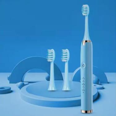 Imagem de QYKCGQ Escova de dentes elétrica portátil para adultos, escova de dentes elétrica sônica recarregável com 3 cabeças de escova, temporizador inteligente de 2 minutos e 5 modos, 48000 vpm (azul
