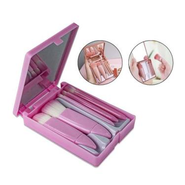 Imagem de Kit 5 Pincel Maquiagem Pó Compacto Base Corretivo Batom Bolsa Estojo P