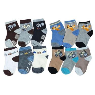 Imagem de Meias Sortidas Infantil Bebê - Kit 12 Pares: Solado Liso + Antiderrapa