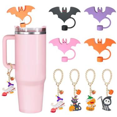 Imagem de Tampa de palha de Halloween para Stanley Cup, bonito topo de palha de silicone para Stanley Copo de 30 e 1,134 g com alça, acessórios de copo Stanley de 10 mm para canudo reutilizável (4 morcegos de