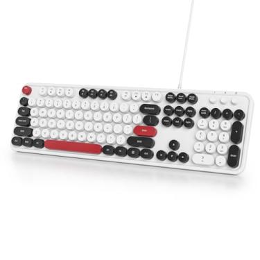Imagem de Owpkeenthy Teclado bonito com fio, teclado USB retrô redondo de máquina de escrever Plug and Play, teclado com fio de tamanho completo com suportes dobráveis para laptop e escritório PC (branco