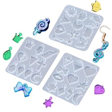 Imagem de Oikejias Moldes de resina para brincos de silicone, moldes de fundição, folha, estrela, lua, notas, pingentes, moldes de chaveiro, colar com furo para pendurar, 3 peças