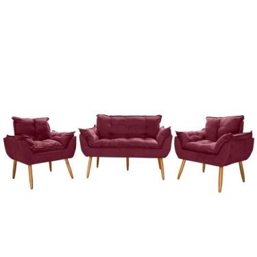 Imagem de Kit Namoradeira Opala + 2 Poltronas Suede Porto Decor, Bordô Marsalla