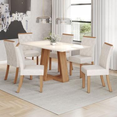Imagem de Conjunto Sala de Jantar Lins 160 Cm Canto Reto 6 Cadeiras Natural/Off White e Linho