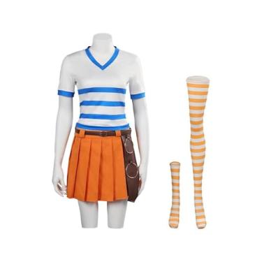 Imagem de Fantasia feminina Nami cosplay anime Nami top saia ternos com cinto roupas 2 peças camiseta marinheiro vestido de Halloween, Laranja, XS (Height 61in)