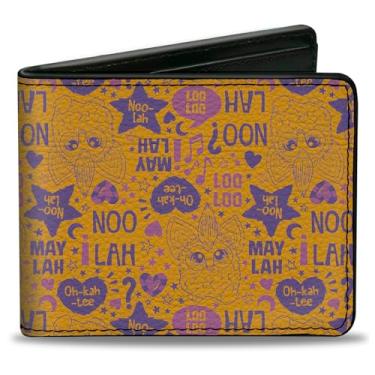 Imagem de Carteira Furby, duas dobras, frases e ícones Furby Furbish laranja rosa roxo, couro vegano, Amarelo, 4.0" x 3.5", Casual