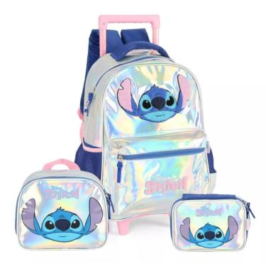 Imagem de Kit Mochila de Rodinhas Holográfica Stitch Lancheira e Estojo - Luxcel