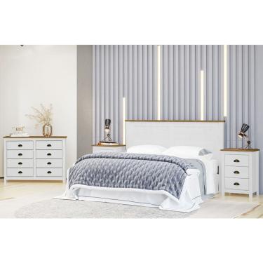 Imagem de Conjunto Quarto: Cabeceira, Cômoda 8 Gavetas e 2 Mesas de Cabeceiras Topázio Branco/Freijó Madeira Pinus - Finestra