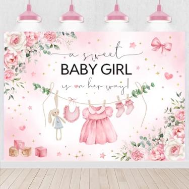 Imagem de Withu Pano de fundo floral rosa para chá de bebê, vestido de meninas, flores, borboleta, uma doce menina está a caminho, decorações de festa para recém-nascidos, faixa de fotos, adereços de fotografia
