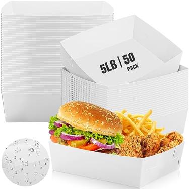 Imagem de Uiifan Pacote com 50 bandejas de papel para alimentos de 2,25 kg, pratos de nacho, bandejas de servir descartáveis, resistentes a gordura, barcos de servir para lanches de festa, tacos, cachorro-quente, churrasco, pipoca (branco)