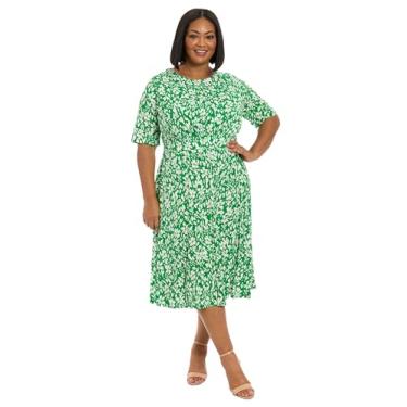 Imagem de London Times Vestido feminino evasê com manga de cotovelo Midi-Pretty Garden Party Special Occasion, Verde Kelly/branco macio, 25 Plus Size