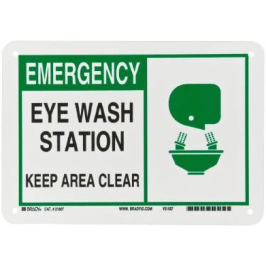 Imagem de Brady 21807 25,4 cm de largura x 17,8 cm de altura B-401 Plástico, sinal de alerta verde e preto sobre branco, cabeçalho "Emergency", legenda "Eye Wash Station Keep Area Clear" (com imagem)