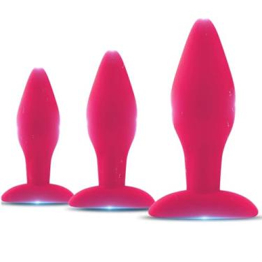 Imagem de Kit de treinamento de plugue anal para uso confortável a longo prazo, pacote com 3 plugues anais de silicone conjunto de treinamento com base alargada próstata brinquedos sexuais para iniciantes (Fuschia vermelha)