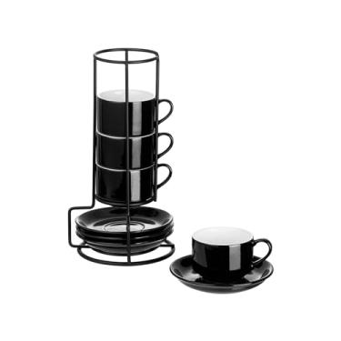 Imagem de YOLIFE Conjunto de 4 xícaras de café expresso empilháveis de porcelana com pires e suporte de metal de 70,9 g