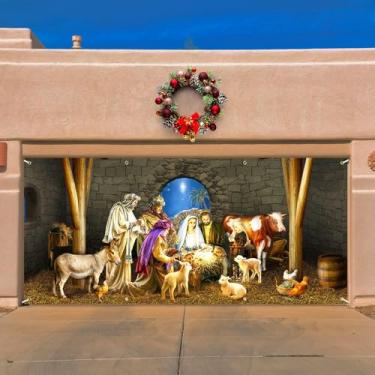Imagem de Wollmix Faixa de cobertura de porta de garagem de presépio de Natal 4 x 1,8 m, grande manjedoura ao ar livre decoração de cena estável com corda de pendurar, decoração de parede de feliz Natal para