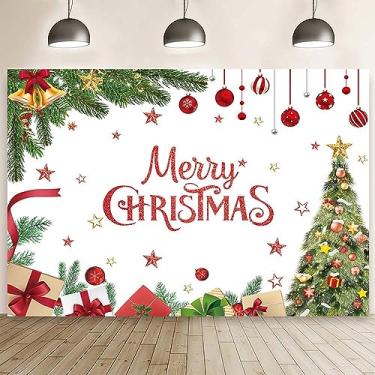 Imagem de MEHOFOND 2,4 x 1,8 m de fundo para fotografia de árvore de Natal, presentes de Natal, sinos de estrelas, decorações para o inverno, Natal, véspera de ano novo, festa de aniversário, festa, bolo, mesa,