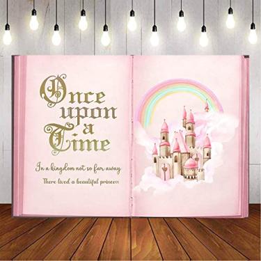 Imagem de Aumeko Once Upon a Time Pano de Fundo Castelo de Conto de Fadas Rosa Livro Gigante Arco-íris Fotografia Fundo Meninas Princesa Festa de Aniversário Cenários Suprimentos Decorações de Mesa de Bolo