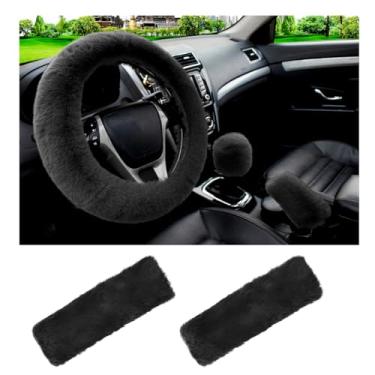 Imagem de Yourkar Conjunto de 5 peças de capas de volante fofas, capa de volante de lã sintética, capa de freio de mão, capa de câmbio de marcha e 2 almofadas de ombro para cinto de segurança, acessórios