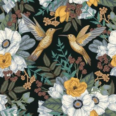 Imagem de VaryStyle 45 cm x 998 cm Papel de parede floral preto vintage beija-flor floral papel de parede pássaros papel de contato preto decorativo impermeável vinil adesivo em papel de parede para forro de