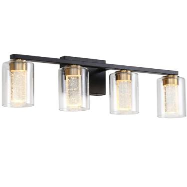 Imagem de FILIMITIY Luminária De Banheiro Preta De 4 Luzes, Luzes De Vaidade De Banheiro Pretas E Douradas Reguláveis De 5 Cct, Arandela De Parede Led De Bolha De Cristal Moderna De 2700K-6500K Sobre Espelho