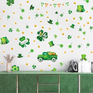 Imagem de FWIEXA Adesivos de parede do Dia de São Patrício, decalques de parede de trevo da sorte, decorações de chapéu de duende, trevo verde, moedas douradas, adesivos de cerveja, mural para irlandês, festa,