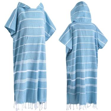 Imagem de 1 peça de algodão turco poncho de surfe trocador de toalha de banho com bolso plus size toalha de praia vestível toalha de praia com capuz para homem adulto mulheres praia piscina (azul, G)