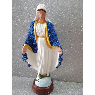 Imagem de Imagem Sacra Nossa Senhora das Graças, Decoração Religiosa com Flores Azuis e Detalhes Dourados, Estatueta em Resina
