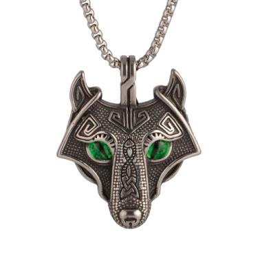 Imagem de Colar masculino gótico punk hip-hop rock horda viking com pingente de lobo, conjunto com contas de resina verde, aço inoxidável 316L, corrente de pérola quadrada de aço inoxidável prata, joia retrô