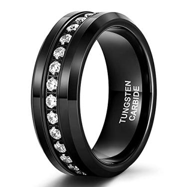 Imagem de Trumium Anel masculino de 8 mm CZ de tungstênio preto aliança de casamento simulada diamante incrustado canal conjunto altamente polido ajuste confortável tamanho 7-13