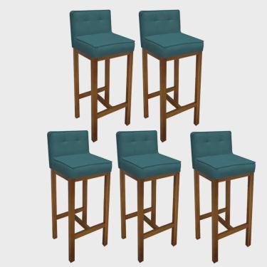 Imagem de Kit 05 Banqueta Alta Com Encosto Alba Cozinha Balcão Bistrô Base Madeira Rústico Suede Azul Turquesa - Ahz Móveis