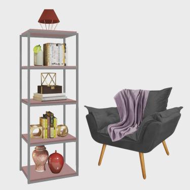Imagem de Kit Poltrona Fatte com Manta Soft Lilás e Estante Livreiro Ferro Prata mdf Rose Suede Cinza - Ahazzo Móveis