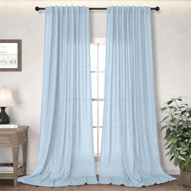 Imagem de Cortinas de linho azul claro 203 cm de comprimento, 2 painéis para sala de estar, quarto, texturizadas, azul-celeste, semitransparente, boho, neutro, aba traseira, cortina de janela plissada, 203 cm