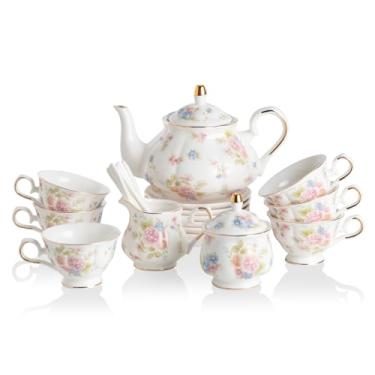 Imagem de Sweejar Conjuntos de chá de porcelana, conjunto de xícara e pires vintage floral britânico com borda dourada, conjunto de chá para 6 pessoas, com bule de chá, açucareiro, jarro de leite, colheres