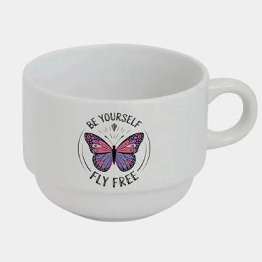 Imagem de Xícara Branca Bucks de Porcelana 180ml - BE YOURSELF FLY FREE BORBOLETA ROSA