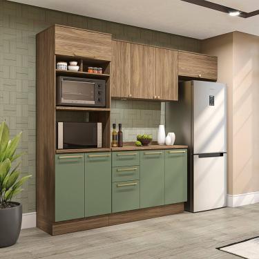 Imagem de Cozinha Completa Kappesberg Botanic Flora com 9 Portas, 3 Gavetas, 6 Prateleiras, Nicho e 270cm de largura - Nogueira/Verde Oliva