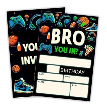 Imagem de JCVUK Cartão de convite de festa de aniversário neon - Bro You In? - Cartão de convite de preenchimento dupla face 4 x 6 com 20 envelopes para meninos - Lembranças e suprimentos de festa de