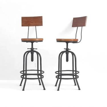 Imagem de BOKKOLIK Conjunto de 2 banquinhos de bar industriais com encosto de madeira giratória para assento e balcão de altura ajustável 66 a 82 cm - Cadeira de jantar ilha de cozinha