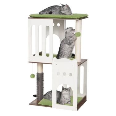 Imagem de FourFurPets Condomínio moderno de torre de árvore para gatos de 111 cm, 3 andares, arranhadores para gatos internos, placa grande, dois postes de arranhar de sisal completos de 50 cm, branco