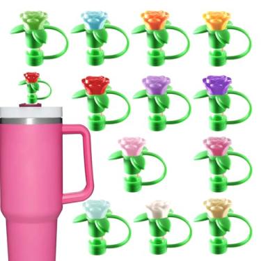 Imagem de 12 capas de palha rosa 3D com 10 mm de diâmetro projetadas para Stanley. Capa de canudo de silicone para crianças, meninas, mulheres, xícara de café e garrafa de água. Os topos de canudo são à prova