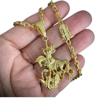 Imagem de Cordão 4mm Cadeado + Pingente São Jorge - Banhado a ouro - ToJoia18k