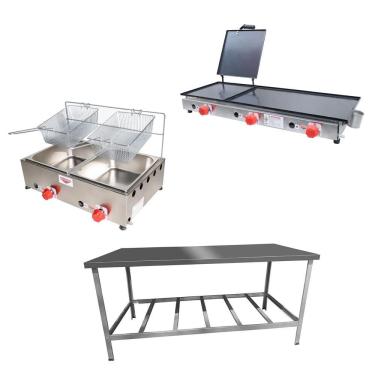 Imagem de Kit Lanchonete Mesa De Manipulação 190x70cm + Fritadeira A Gás 2 Cuba + Chapa A Gás 90cm Alcamar