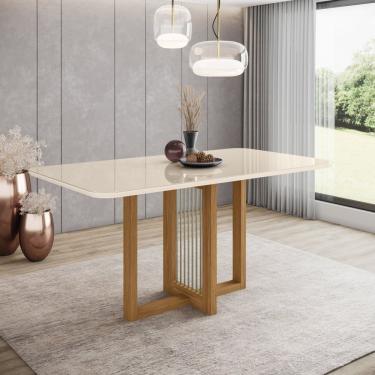 Imagem de Mesa De Jantar 6 Lugares 160Cm Tampo Mdf E Vidro Canto Arredondado Natalí Nature/Off White