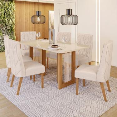 Imagem de Conjunto Sala De Jantar Tampo Mdf/Vidro 6 Cadeiras Michelle Nature/Off White/Linho