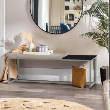 Imagem de Banco Recamier Puff 195cm Industrial Prata Suede Bege Tampo Quadrado Mdf Preto