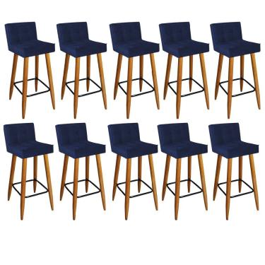 Imagem de Kit 10 Banqueta Alta Lucy Com Encosto Balcão Pé Palito Castanho Suede Azul Marinho