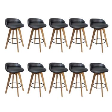 Imagem de Kit 10 Banqueta Alta Com Encosto Berlim Base Giratória Madeira Corino Preto