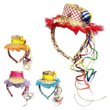 Imagem de Tiara Mini Chapéu de Palha Infantil Festa Junina com Renda, Flores e Fitas Coloridas Sortida