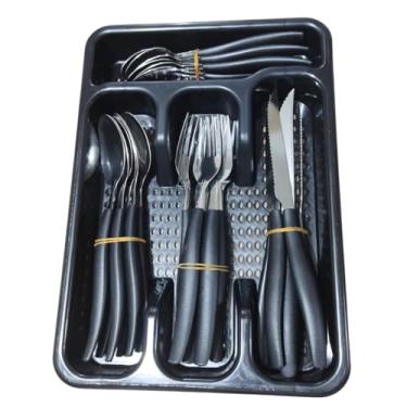 Imagem de Conjunto De Talheres Com Porta Talher De 25 Peças Preto Em Inox E Suporte De Plástico Chá De Cozinha Organização Da Casa