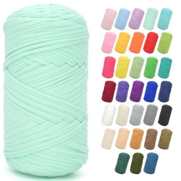Imagem de Camiseta de 400 g para crochê, verde menta, tecido elástico grosso, fio de crochê para iniciantes, bolsa de tricô à mão, cesta, porta-copos, artesanato faça você mesmo/decoração de casa